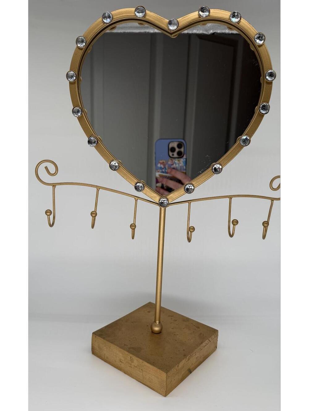 Vintage Gold Heart Mirror Jewelry Stand - Glam Vanity Decor